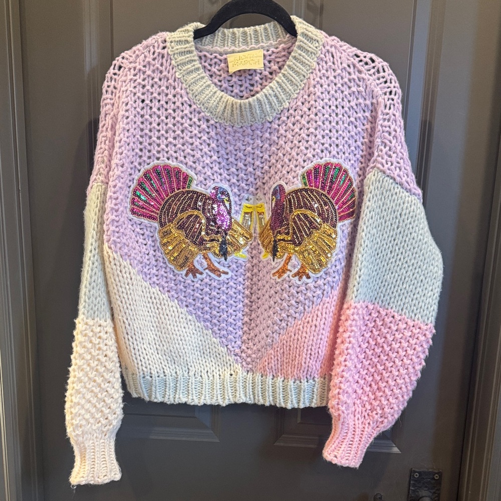 Judith March Pastel Turkey Embroidered Sweater | S/M | 🩷🦃💜